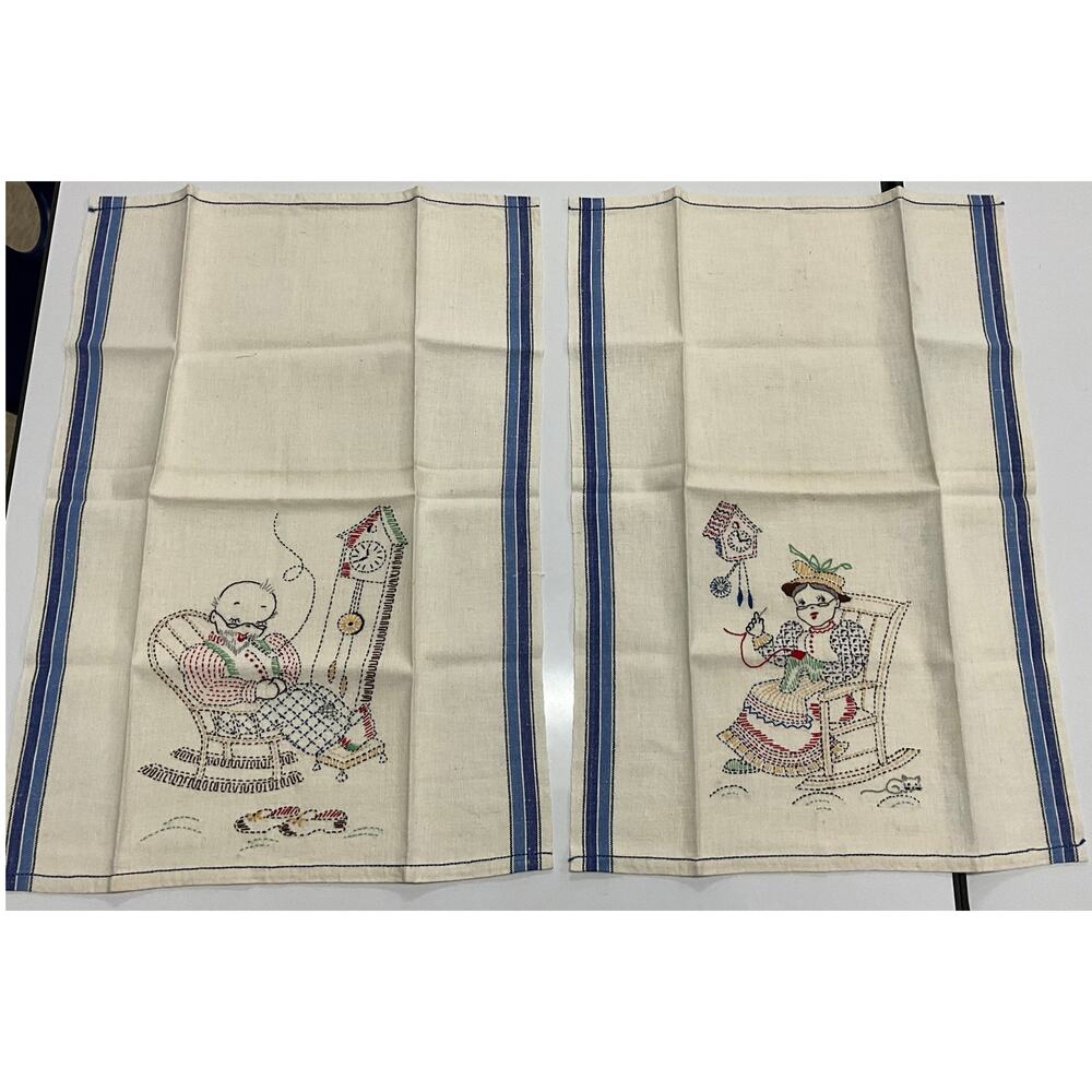 Vintage 2 Handmade Embroidery Kitchen Dish Towels Grandma Grandpa Rock'n NEW - Picture 4 of 7